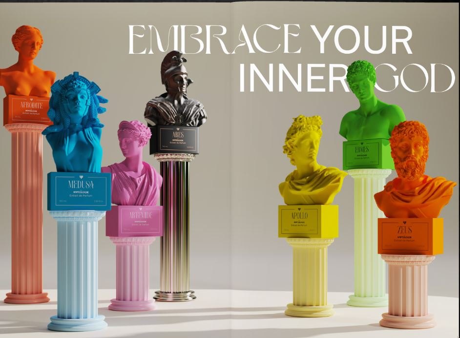 Collection MΨTOLOGIK : sept bustes-flacons colorés, slogan Embrace your inner god