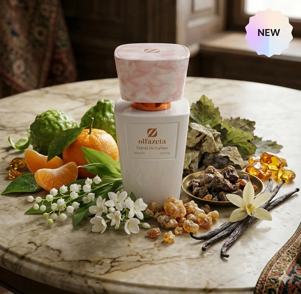 Flacon Olfazeta blanc marbré entouré de roses et de fleurs blanches — famille florale