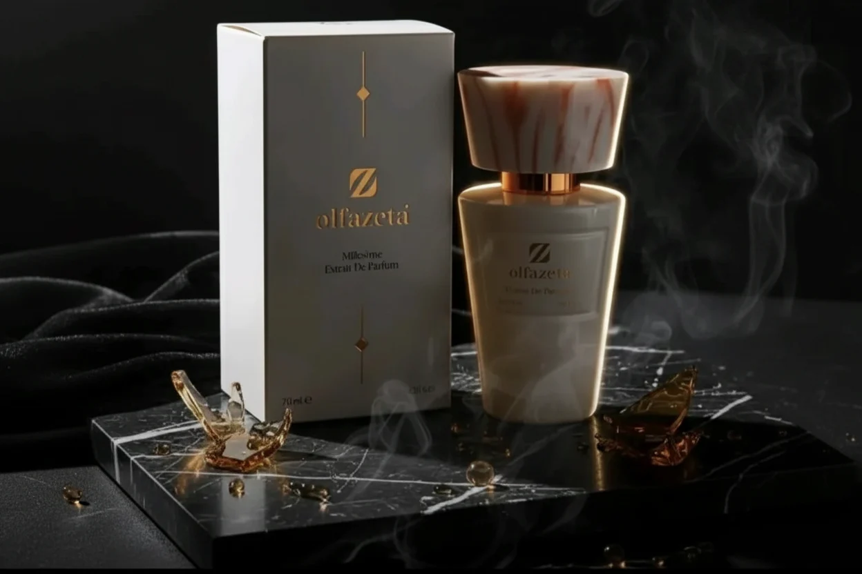 Flacon Olfazeta blanc marbré et sa boîte — parfum femme selon son style