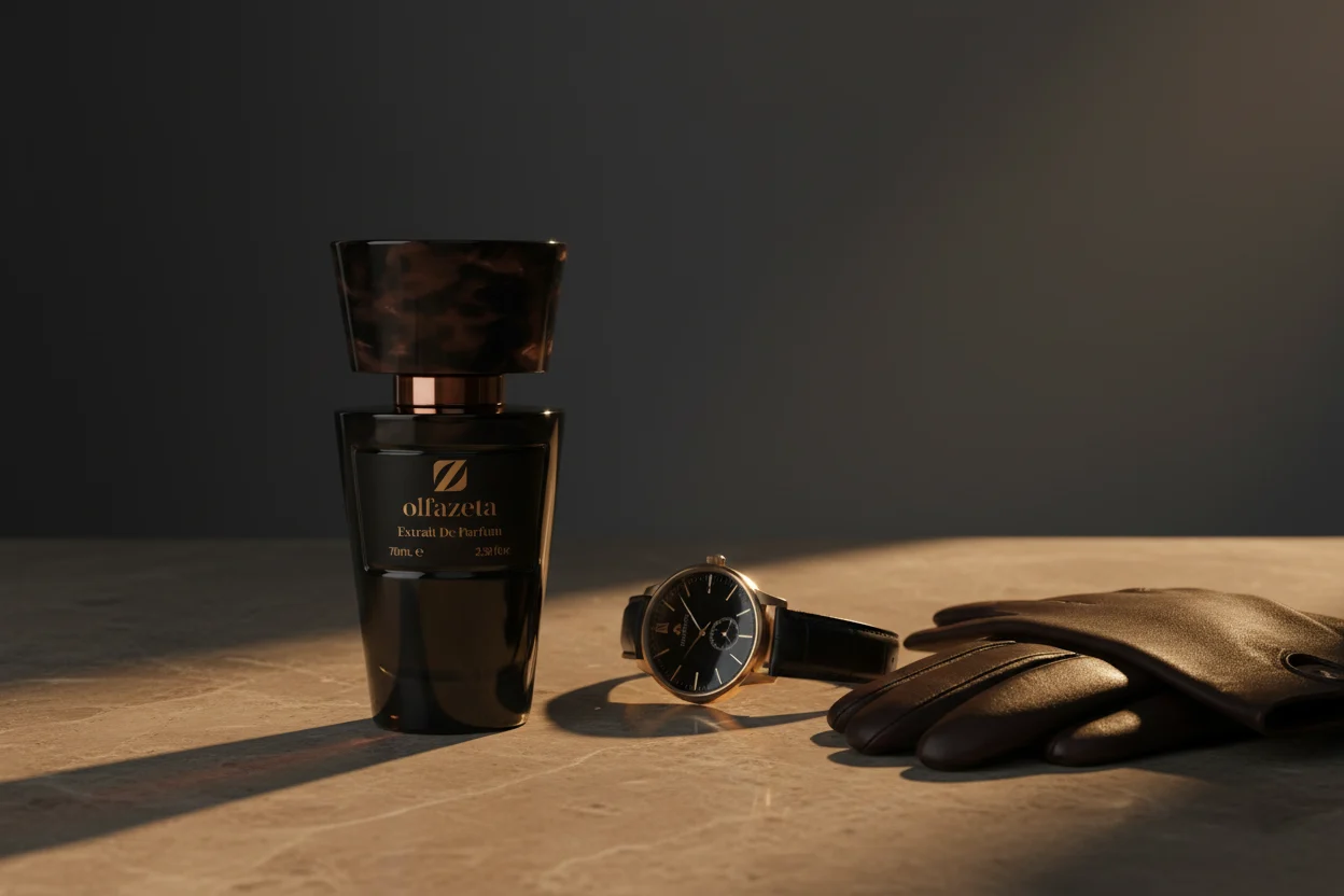 Flacon Olfazeta noir avec montre et gants en cuir — parfum homme signature