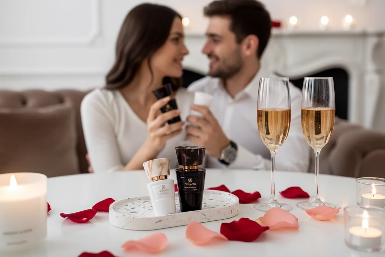 Duo de flacons Olfazeta avec bougies et pétales de roses — parfum mixte en couple