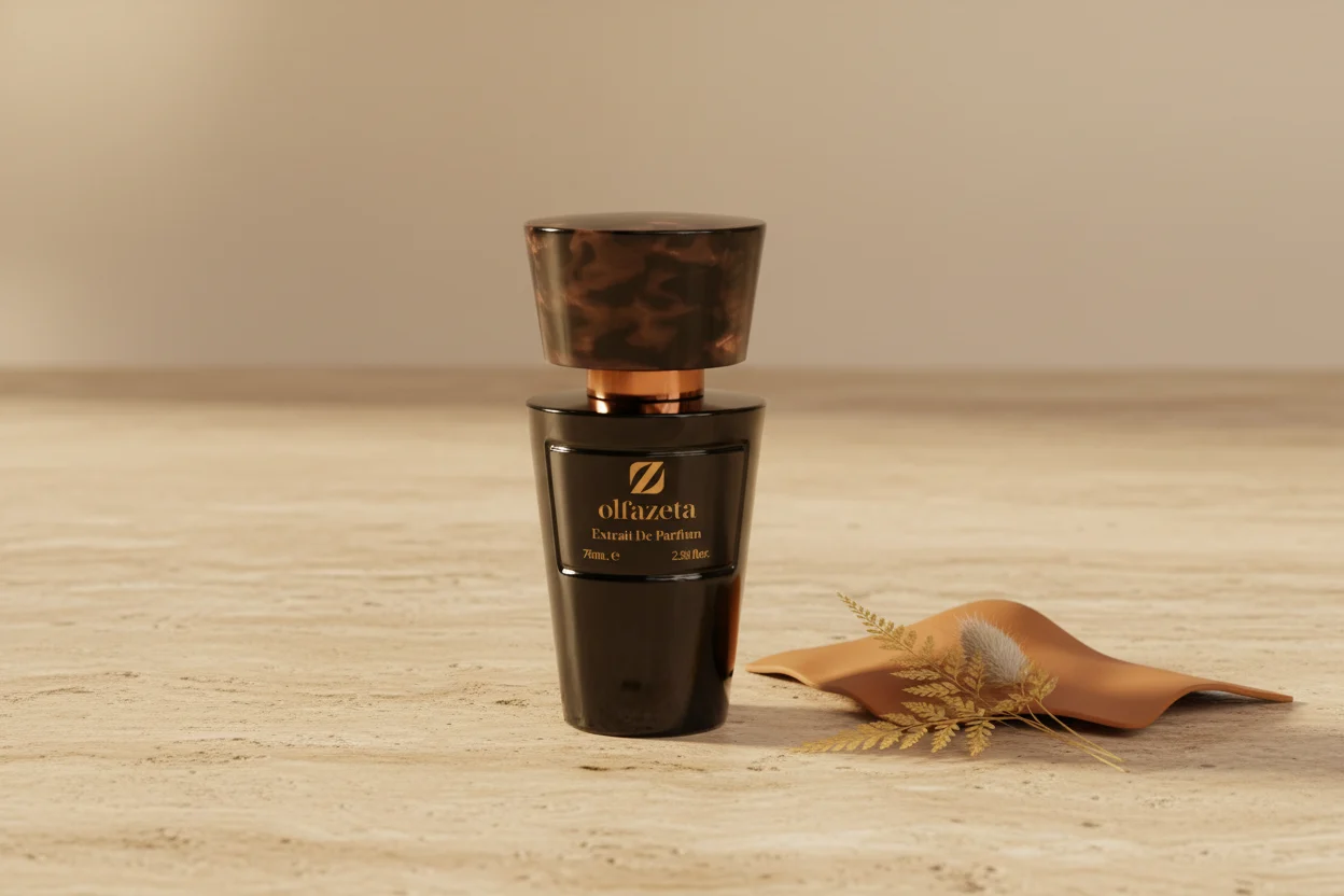 Flacon Olfazeta noir avec cuir tan — famille cuir