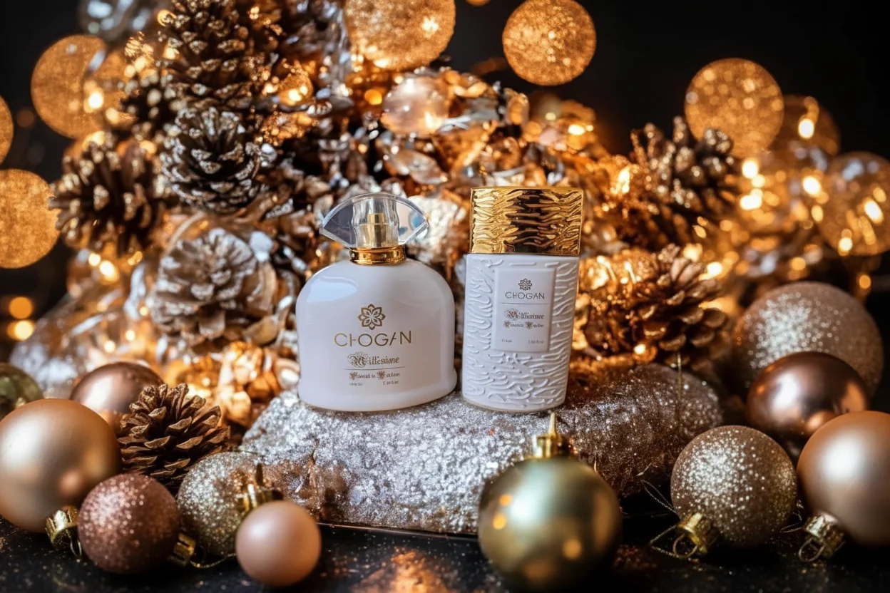 Duo de flacons Olfazeta dorés avec bougies — parfum ambré pour l'hiver