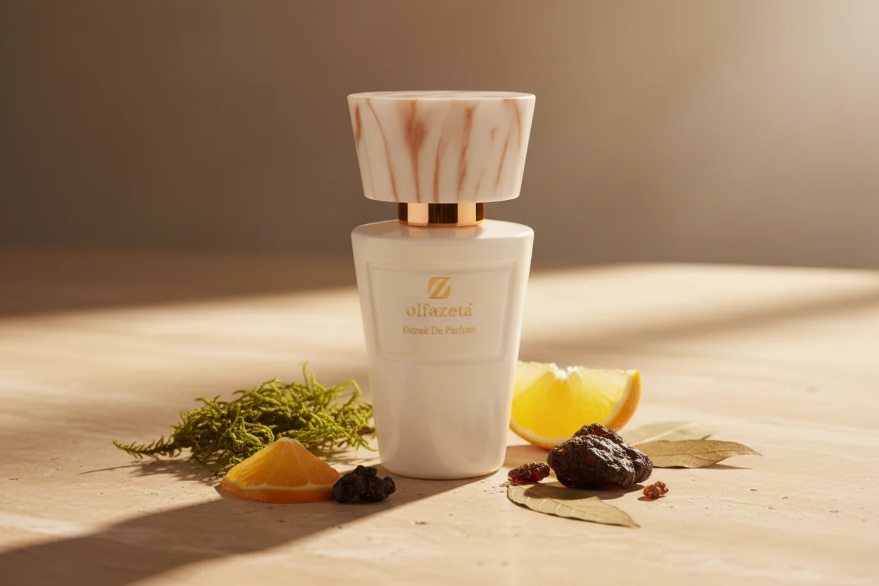 Flacon Olfazeta blanc marbré avec mousse de chêne et bergamote — parfum chypré