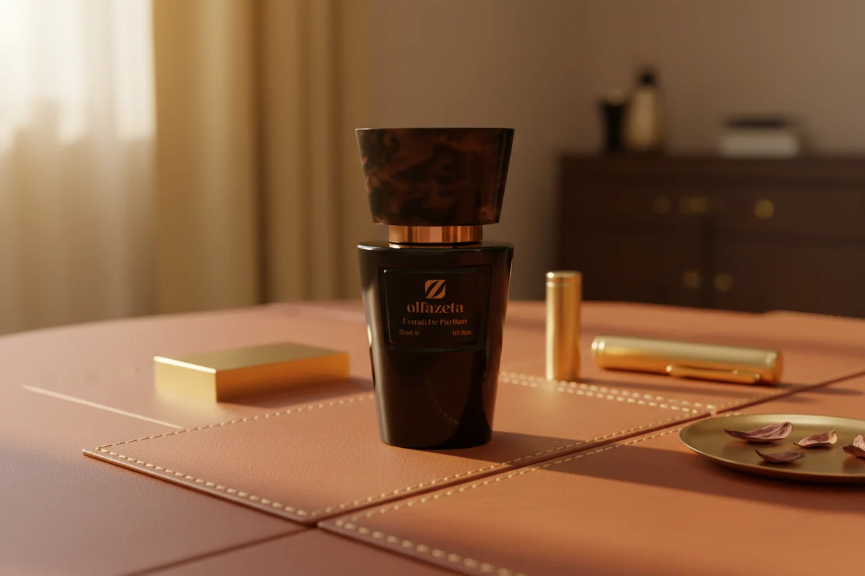 Flacon Olfazeta noir avec cuir et bois d'oud — adopter un parfum cuir