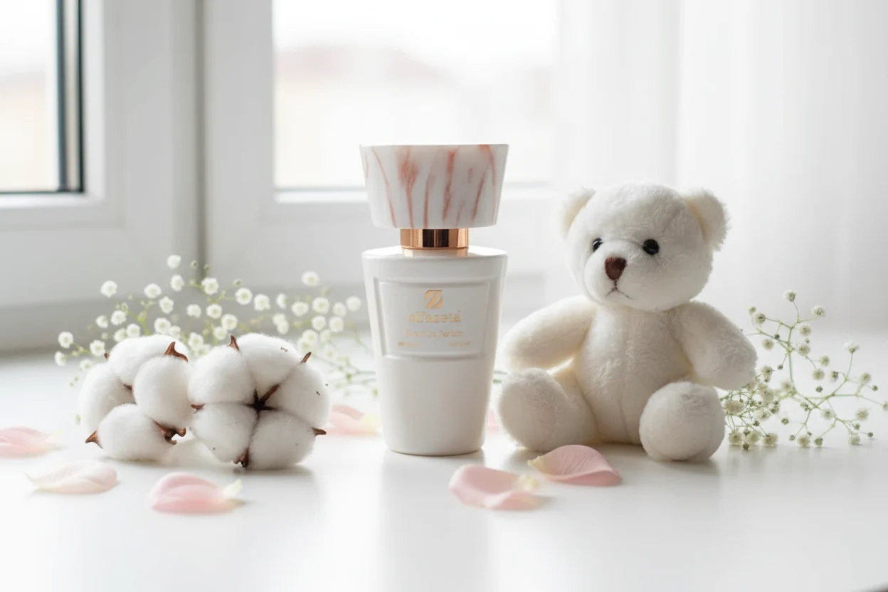 Flacon Olfazeta blanc marbré avec fleurs douces et ourson blanc — parfum enfant