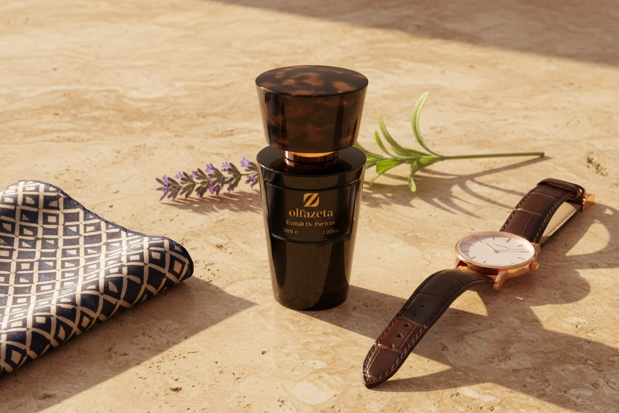 Flacon Olfazeta noir avec montre et lavande — parfum fougère selon les occasions