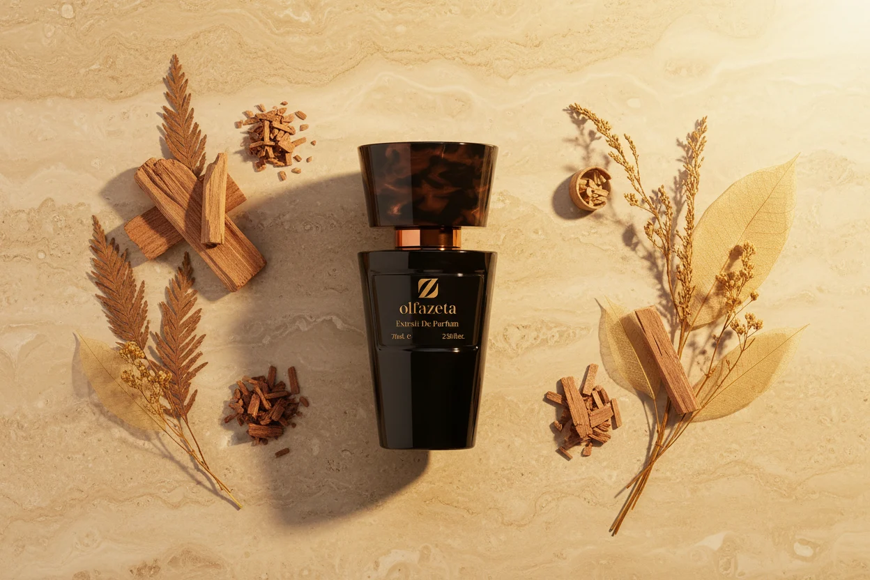 Flacon Olfazeta noir avec cèdre, santal et vétiver — parfums boisés