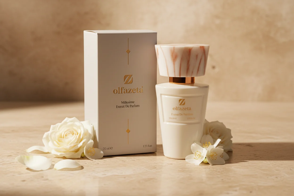 Flacon Olfazeta blanc marbré avec roses blanches et jasmin — parfum femme
