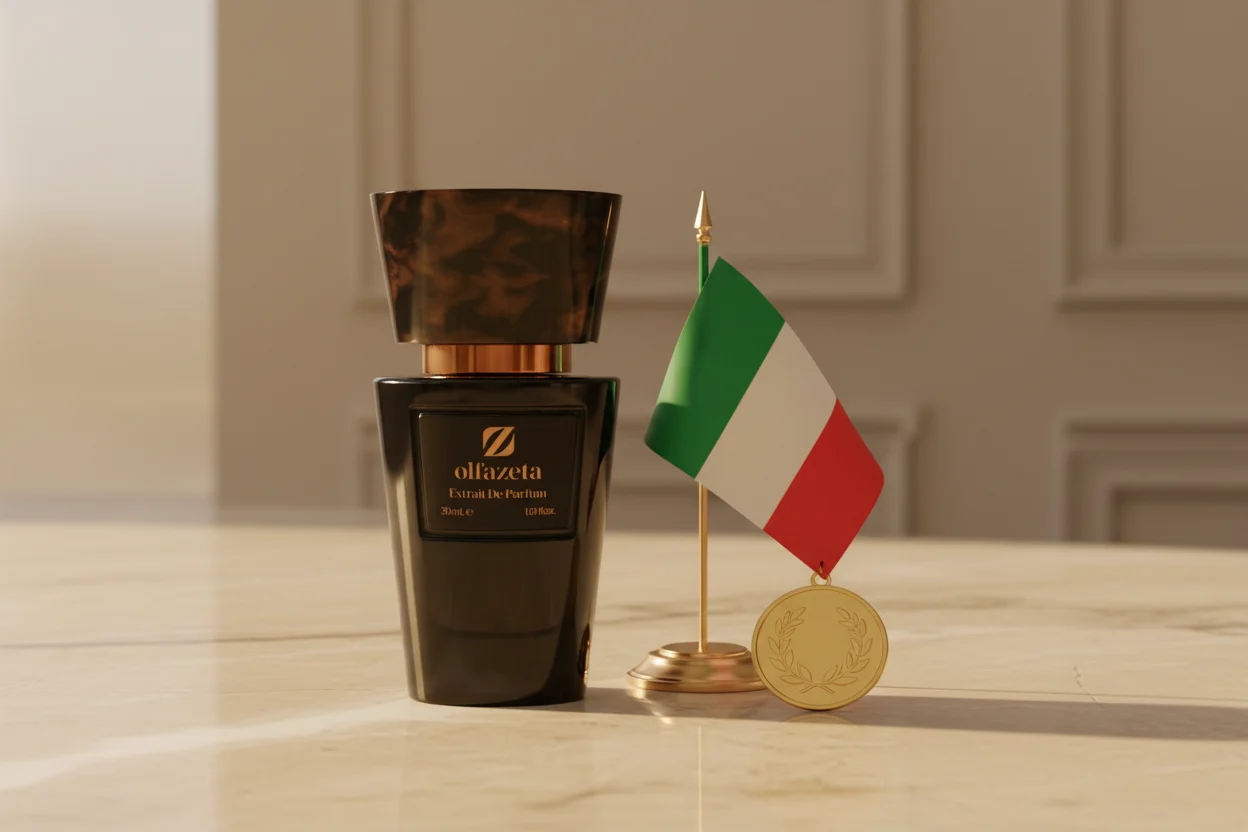 Flacon Olfazeta noir sur marbre beige — parfum homme Made in Italy