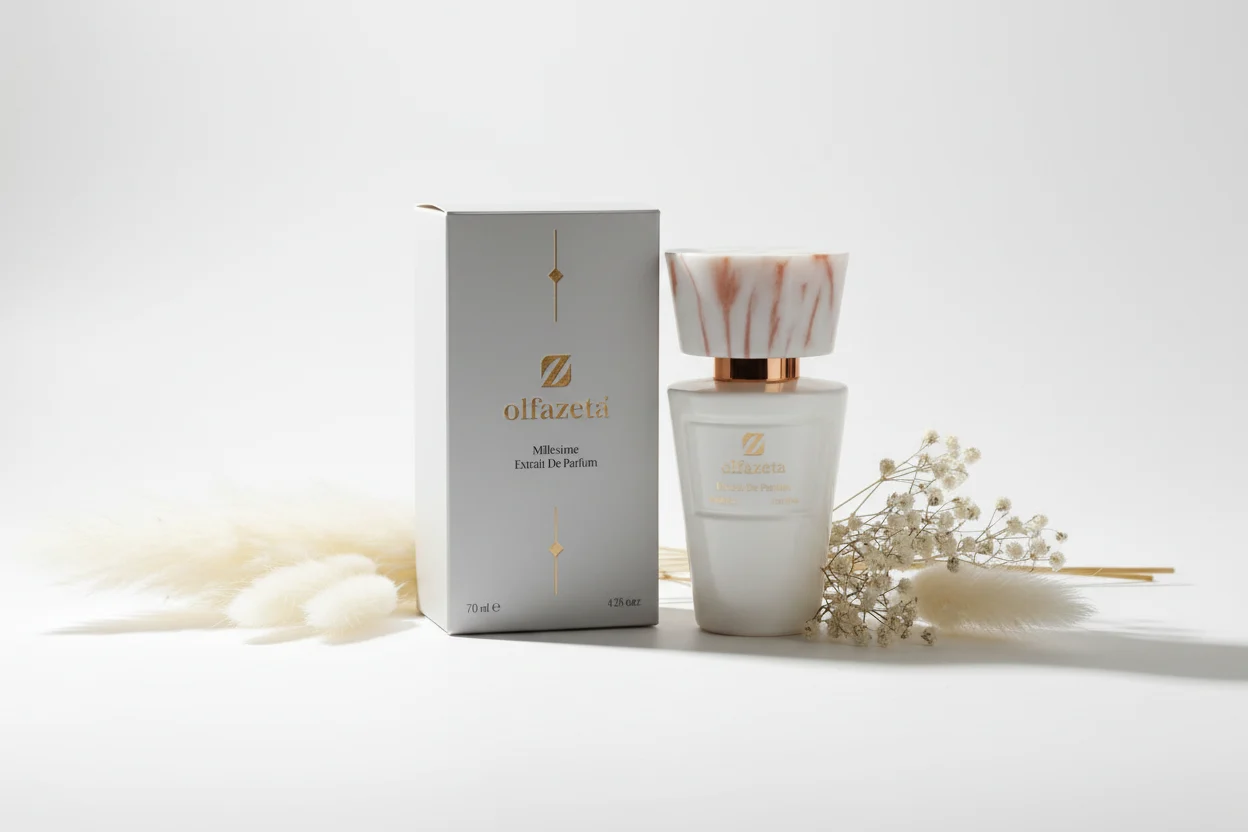 Flacon Olfazeta blanc marbré avec fleurs blanches — parfum mixte