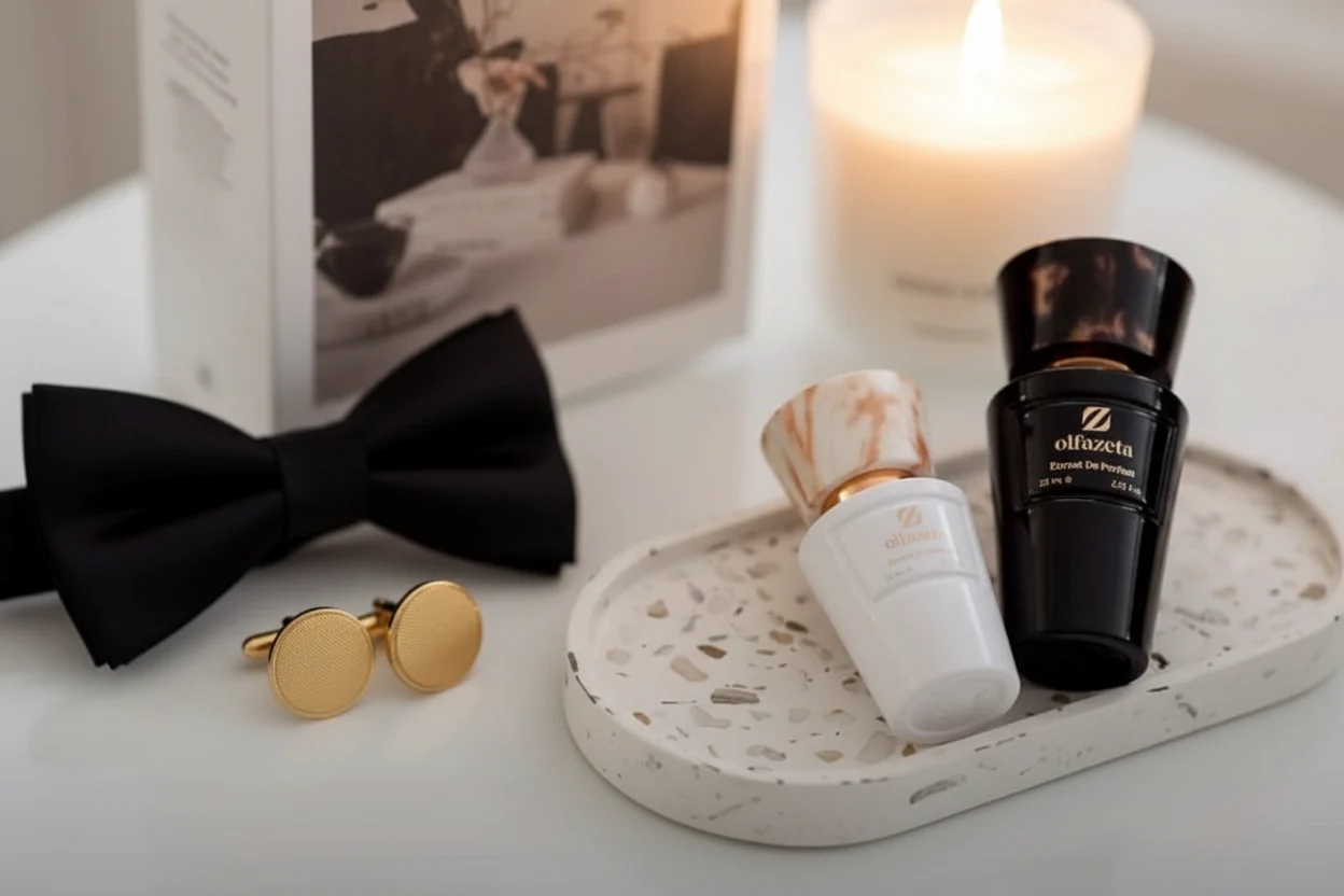 Duo de flacons Olfazeta noir et blanc avec nœud papillon — parfum homme selon l'occasion